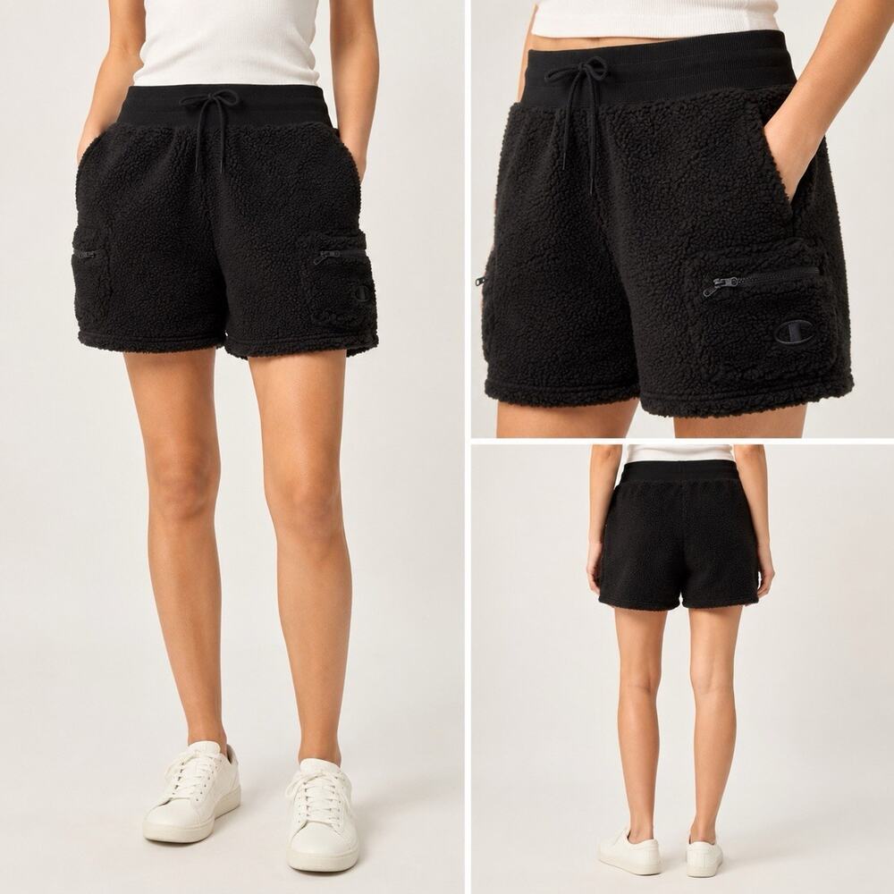 Champion Sherpa Fleece Shorts Women’s Medium Black NWT Athleisure Cargo Pocket